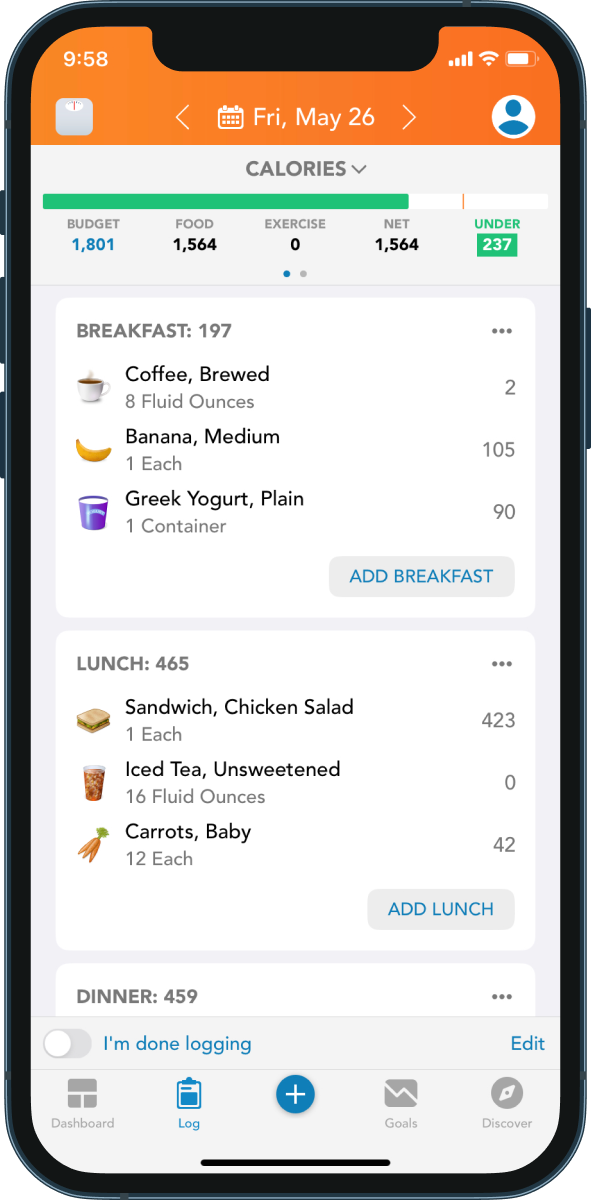 The Lose It! app with food data logged in an iPhone